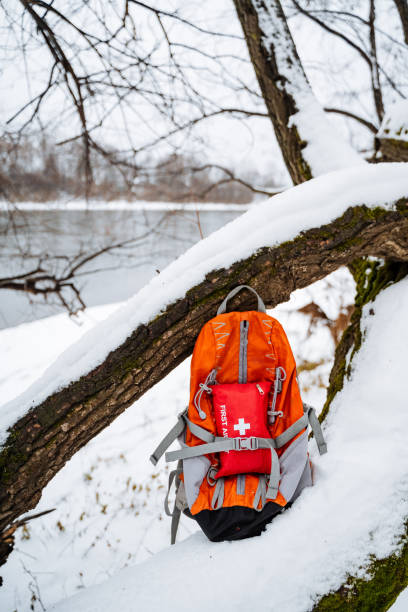 istock Nestled in the soft, powdery snow beside a large fallen tree branch is a backpack, which contains a wellequipped first aid kit, creating a captivating scene in the serene winter wilderness 2191492866