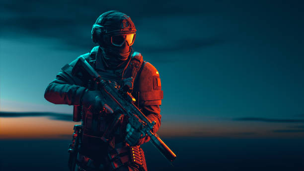 Portrait of a heavily armed tactical operator standing against a dramatic backdrop, possibly at dawn or dusk. The individual is dressed in full combat gear, including a helmet with goggles, and is holding a rifle with a silencer. The lighting, with cool blue tones contrasted by warm red highlights, creates a striking and intense atmosphere, emphasizing the seriousness of the situation.