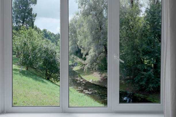 istock View from the window  on lawn, green trees, landscape with  forest. 2191495683