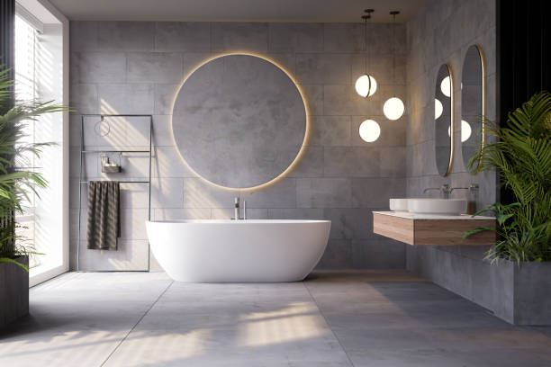 istock Minimal style modern loft bathroom with natural light 3d render,  There are concrete tile floor and wall decorated with circle backdrop with hidden light and green nature 2191498344