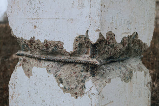 istock Damaged concrete construction with exposed steel reinforced rods. Engineering inspection of building structures using destructive methods. 2191502452