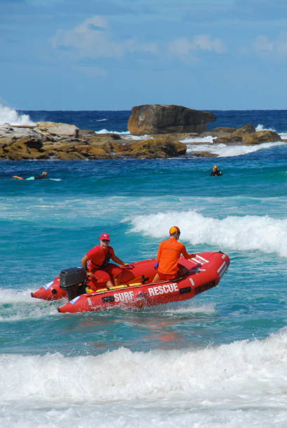 Bondi Beach, New South Wales, Australia - April 8, 2007: First responders head into Bondi Bay in an inflateable “Surf Rescue” raft on a sunny day.