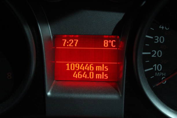 istock Digital in car display on dashboard, showing time, outside temperature and odometer, taken at night 2191505590