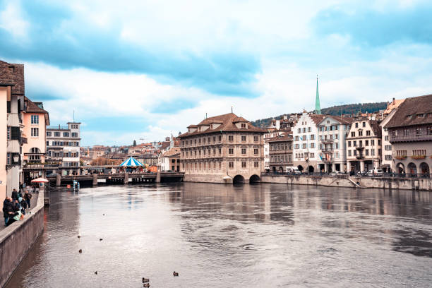 Zurich, Switzerland - October 3, 2024:  View of historic Old Town Zurich with architecture and river in view.