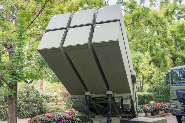 istock Green painted modern NASAMS air defense missile system launch containers 2191507251