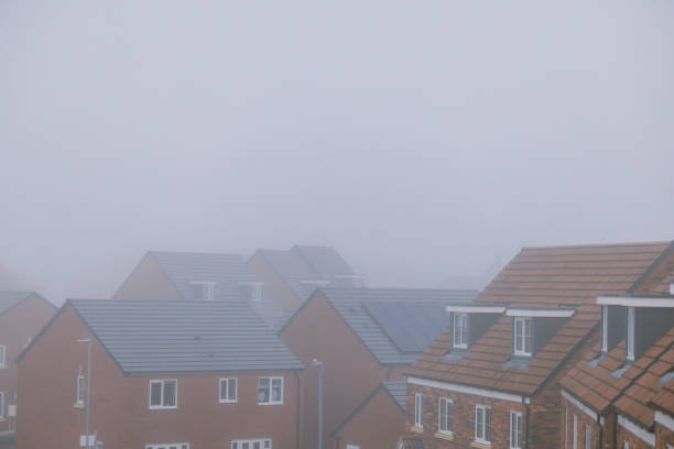 New build houses on a misty day