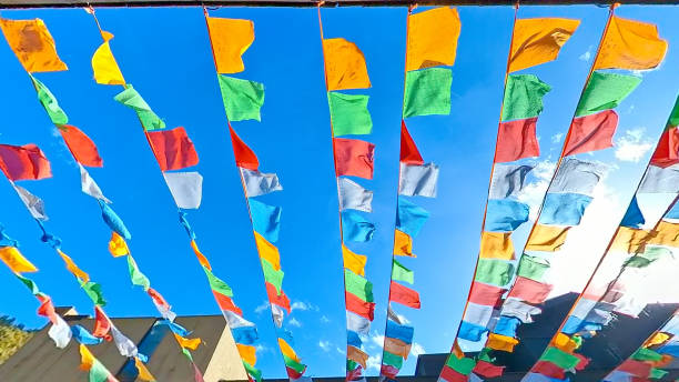 istock Tibetian prayers multi colors flags hanging across buildings for blessing 2191508994