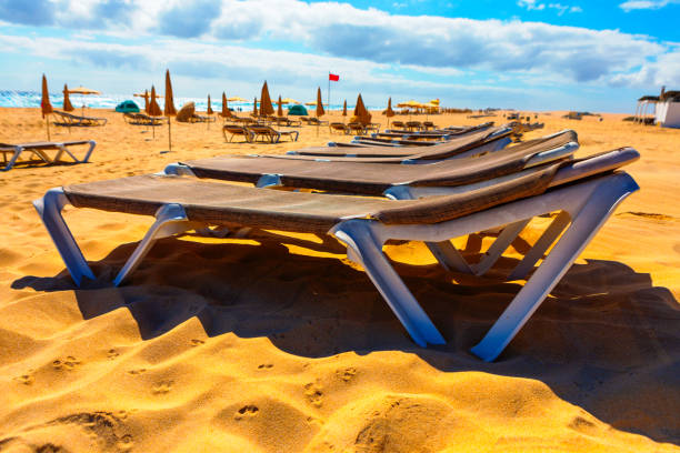 istock Row of empty lounge chairs on a sandy beach 2191511261