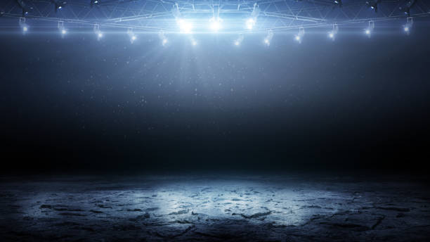 Ice with deep cracks. 3D empty ice rink illuminated by spotlights. Ice. 3D beautiful ice background. Realistic ice and snow on dark background