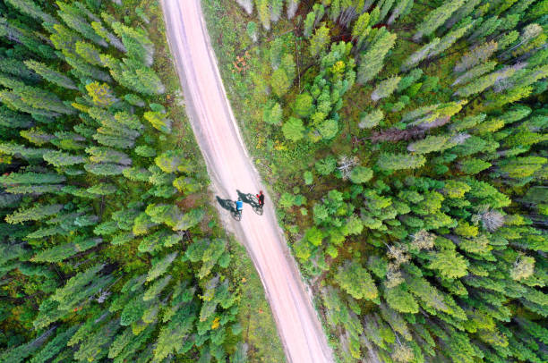 Lake Louise two bicyclers on forest road
