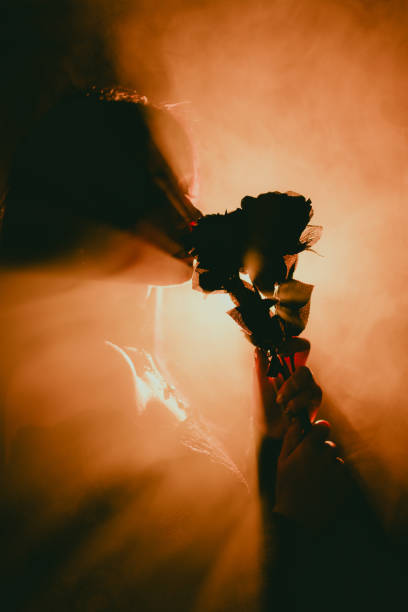 Young Female Gothic Model Posing in Studio With Black Outfit and Roses, Soft, Hazy, and Foggy ambience in low light environment