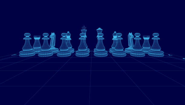 istock Blue chess board with a row of blue chess pieces. The chess pieces are arranged in a row, with some of them being closer to the viewer and others further away 2191520918