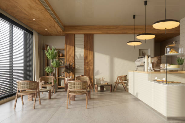 Wabi Sabi Style Cafe Interior With Coffee Tables, Chairs And Pendant Lights