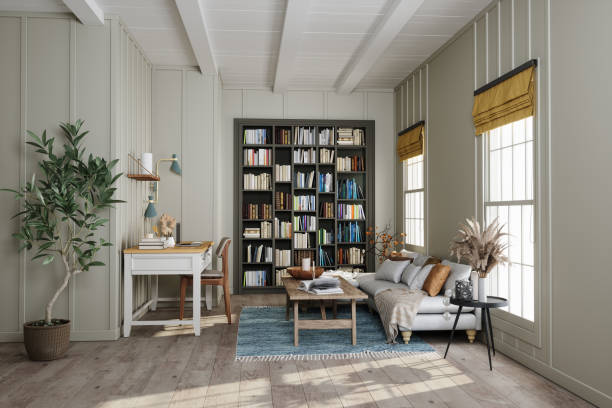 Home Office Interior With Study Desk, Sofa, Library , Floor Lamp And Potted Plant