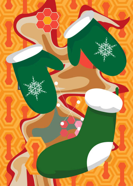 istock PriRetro 70s Background with Mitten Glove and Christmas stocking. Groovy Holiday 1970s art template. Minimalistic Vintage design poster. Old-fashioned color artwork.nt 2191528764