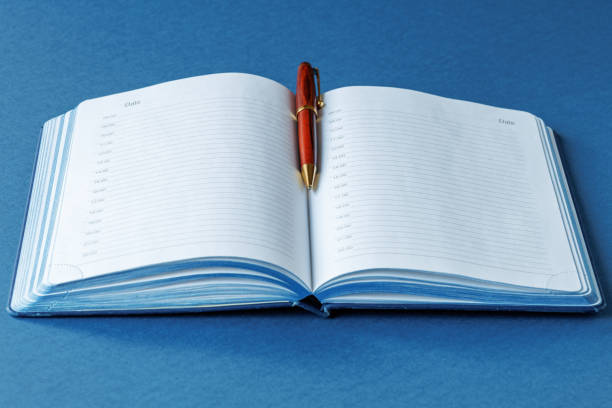 An open diary and a ballpoint pen on a blue background. Copy space