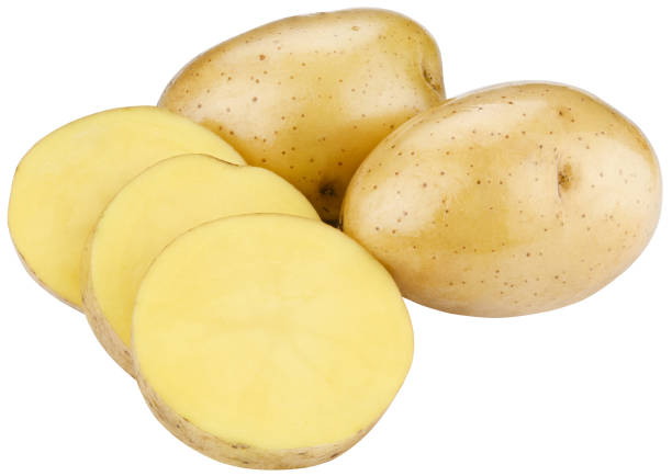 istock Group young potatoes sliced in circles isolated on a white background. Completely in focus. Focus stacking. 2191535196