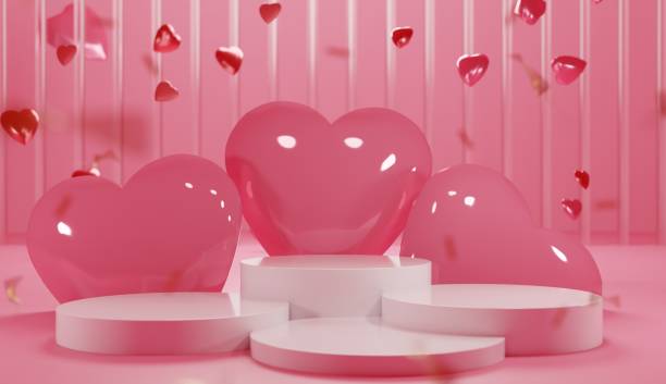 istock Cute valentine's day background template for product advertisement. 4 White podium platforms with giant heart decorations, and floating heart-shaped balloons in pastel red backdrop interior. 3D render 2191535744