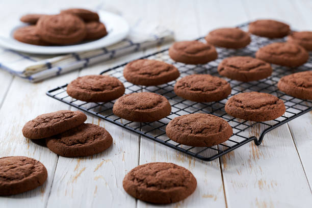 istock Tasty chocolate cookies are cooling after baking on a rack on a white table, selective focus. 2191538861