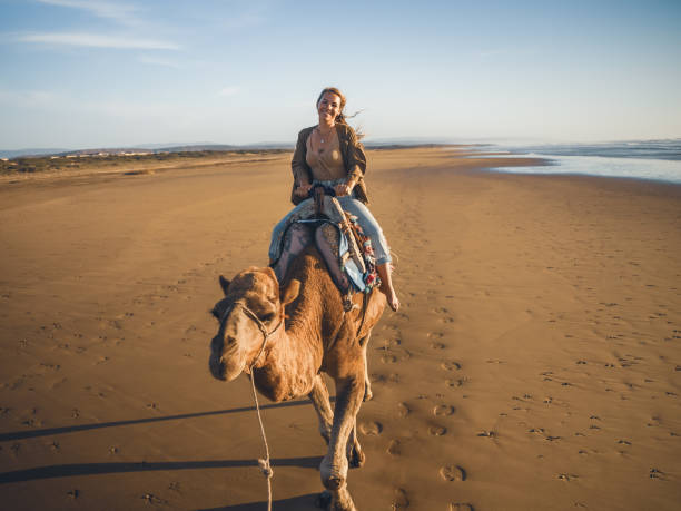 istock Graceful Caucasian Girl on Camelback at Sandy Beach 2191543035