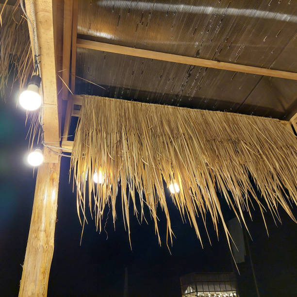 istock A wooden pavilion decorated with straw and lights at night 2191544245
