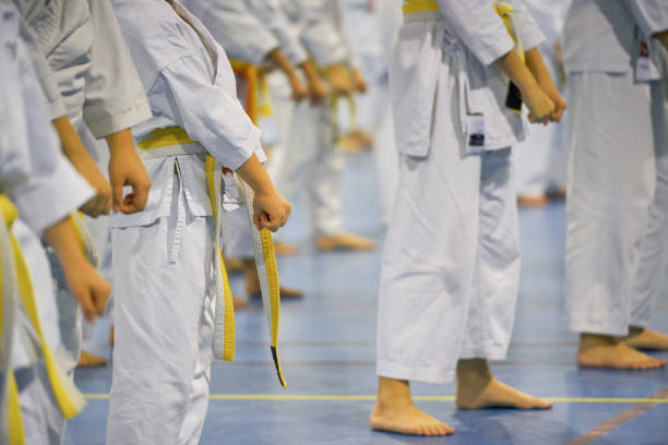 istock Martial arts students in white uniforms with yellow belts standing in formation during training 2191546296