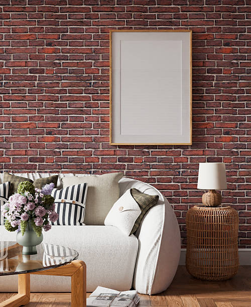 istock Interior living room mockup frame, brick wall poster empty in home design, interior design element mockup, blank frame 3d render 2191546593