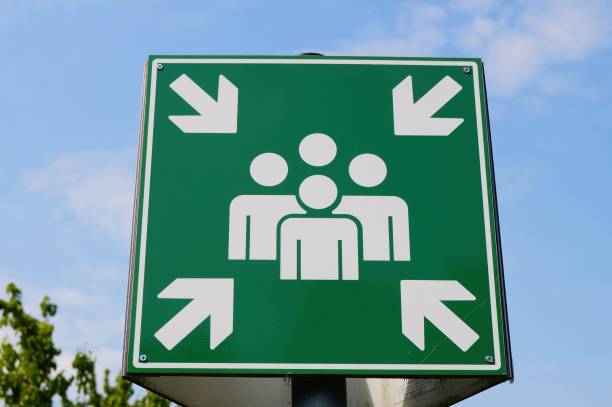 istock Sign for an emergency assembly point on a university campus. 2191547395