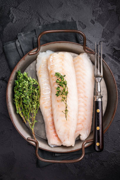 istock Raw Loin cod fish fillets ready for cooking whitefish in stell tray. black background. top view 2191548042