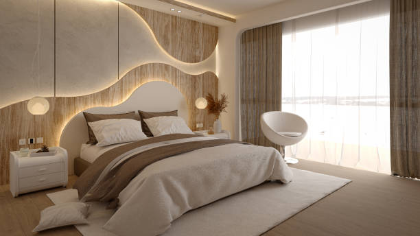 istock A modern, stylish bedroom featuring a cozy bed, elegant decor, warm lighting, and large windows providing ample natural light. 3d rendering master bed. 2191549066