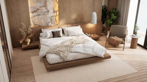 A modern, serene bedroom featuring a large bed, natural materials, soft textures, and warm colors, illuminated by natural light. 3d rendering