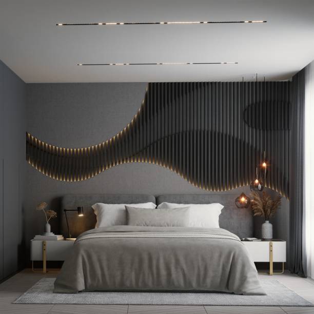 A modern bedroom featuring a stylish wall design with flowing patterns, elegant bedding, and ambient lighting for a cozy atmosphere. 3d rendering interior.