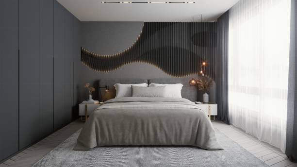 istock A modern bedroom featuring a neutral color palette, elegant decor, and stylish wall design, creating a serene and inviting atmosphere. 3d rendering. 2191549114