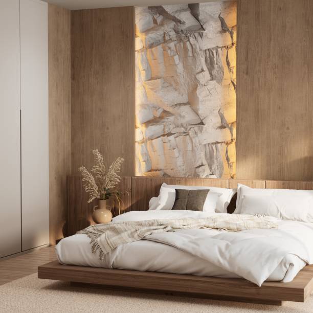 istock serene bedroom featuring a wooden platform bed, light bedding, and a textured wall, complemented by a decorative plant for a cozy atmosphere. 3d rendering interior. 2191549115