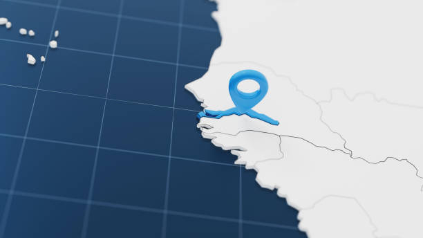 Blue Gambia 3d map with pointer pin surrounded with other countries in white. Europe political map with borders. 3d render illustration.