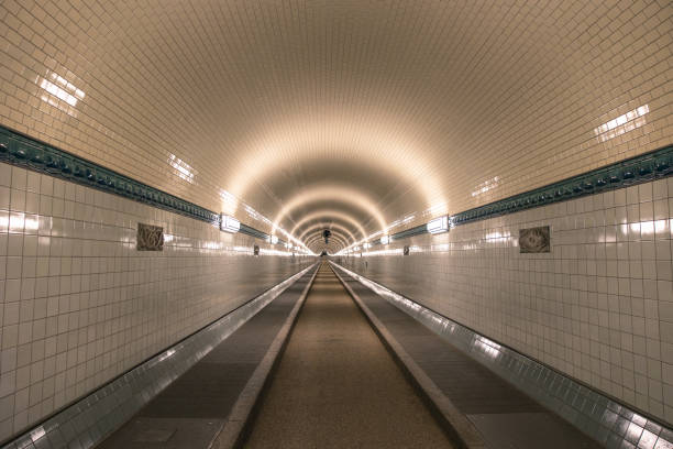 Hamburg Old Elbtunnel. Symmetric picture. No people and no bycicles. Walk under the river Elbe.