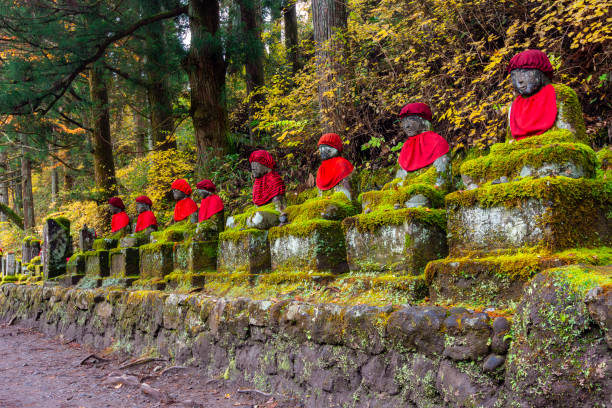 Nikko, Japan - 16 November 2024: Row of Buddhas at Kanmangafuchi abyss