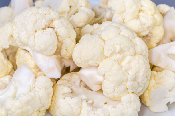 istock Heap of raw cauliflower pieces on dish close-up 2191556867
