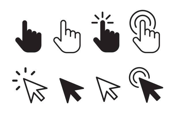 Four black hand and four black and white arrow pointer icons, each depicting a different gesture, including a simple point, a click with lines indicating action, and a click with circular ripples.