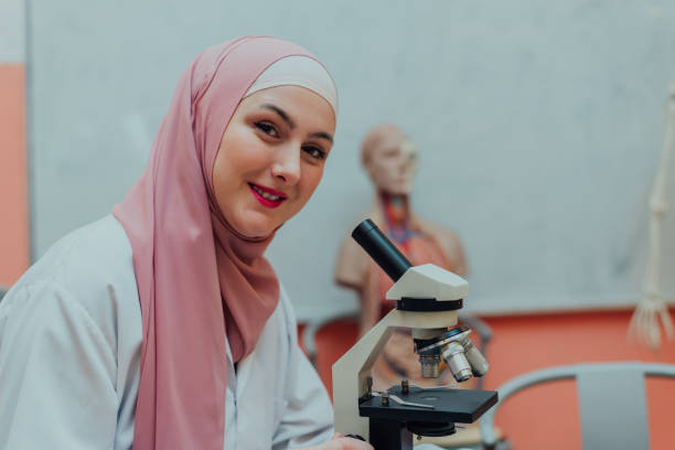 istock A female Muslim scientist student doing science research looking through a microscope in the lab. 2191565674