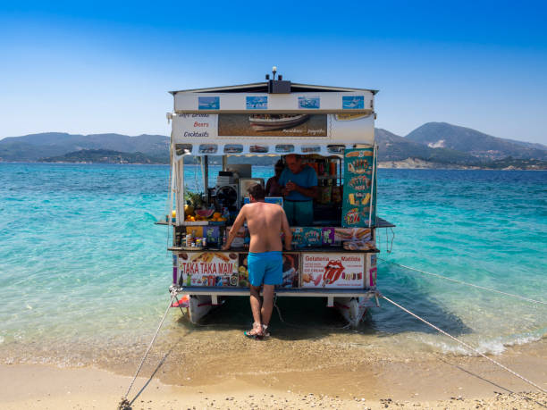 Floating snack bar, on turtle island. Greece.  Marathonissi island aka Turtle island, is a protected area for loggerhead turtle. Tourist can be there only during the day.