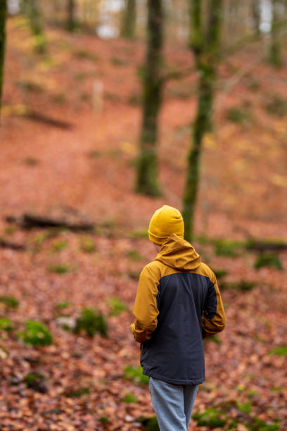 istock Person in orange hacket having a walk in a forest at fall. 2191578327