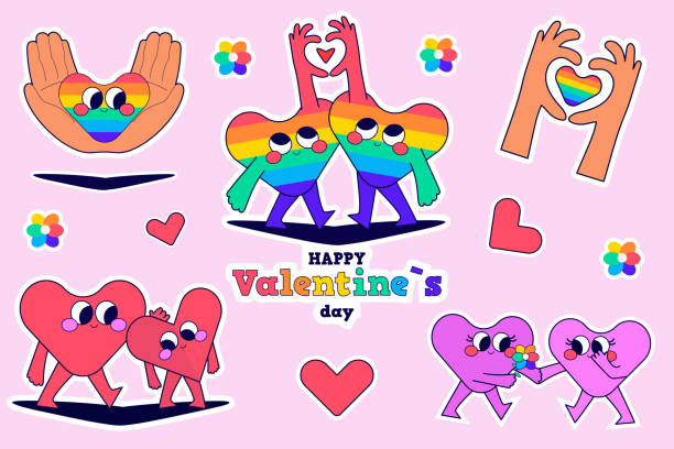 istock LGBT. Happy Valentine's day stickers. Groovy stickers with hearts 2191583400