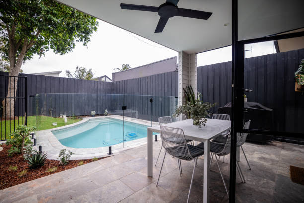 istock Covered patio dining area with view of private pool 2191585077
