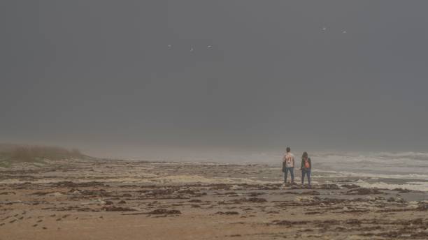 A couple walking along a misty beach with a moody sky, capturing a serene moment by the sea.