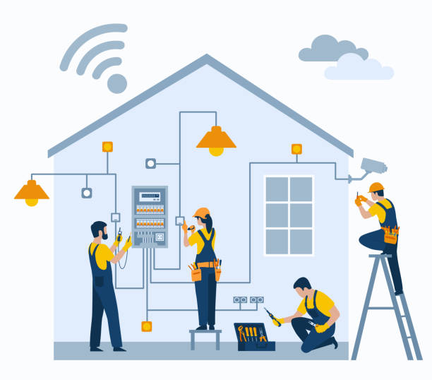 elektrikáři opravují elektrické rozvody v domácnosti a instalují pohybová a teplotní čidla pro řízení energie v domácnosti - zásuvka elektronické zařízení stock ilustrace