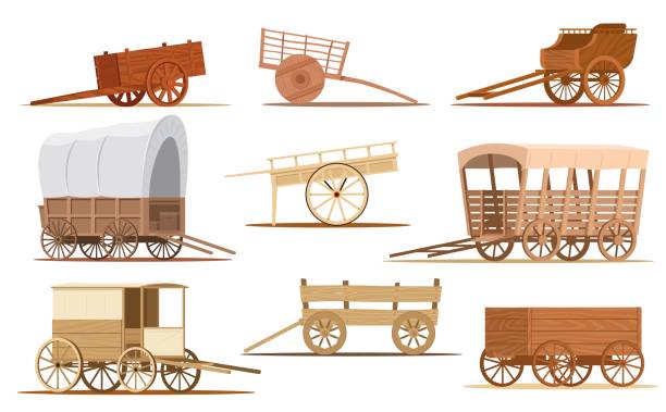 ilustrații de stoc cu căruță de lemn de desene animate. vehicul de epocă. trăsură veche de vest cu roți mari. roabă de cort acoperită. excursie cu diligența. transport de mărfuri sau pasageri. set de transport antic vectorial - explorator