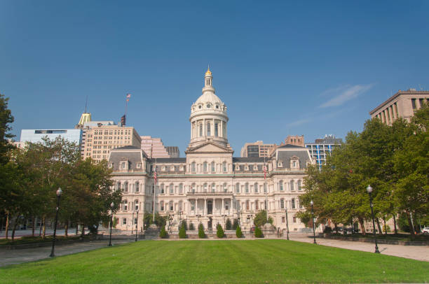 the landmark Baltimore city hall in the city of baltimore maryland on sunny day.