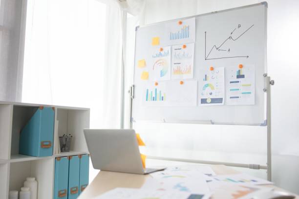 istock A desk with a laptop, a whiteboard, and some graphs on the wall behind it. 2191593481