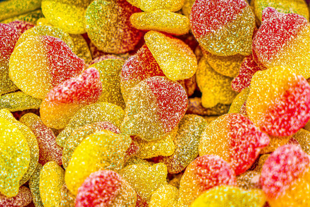 Assorted colorful gummy jelly candies. Top view. Jelly sweets.
